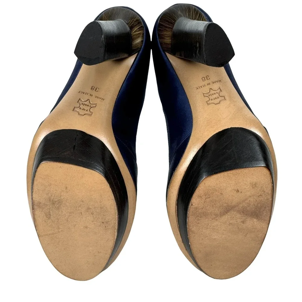 Nicholas Kirkwood High Heels EU 38 US 7.5 Navy Satin‎ Round Toe Italy Maryjane